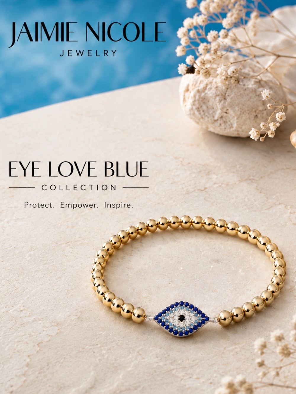 Jaimie Nicole “Eye Love Blue” Charm Bracelet Gold Charm Filled Evil Eye CZ